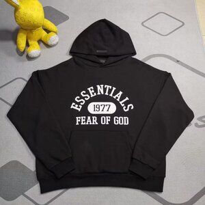 Fear of God Essentials 1977 Black Hoodie, American Retro Loose Fit, Size M